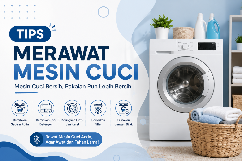 Tips Merawat Mesin Cuci: Bersihkan secara rutin, laci detergen, pintu dan karet, filter, serta gunakan dengan bijak